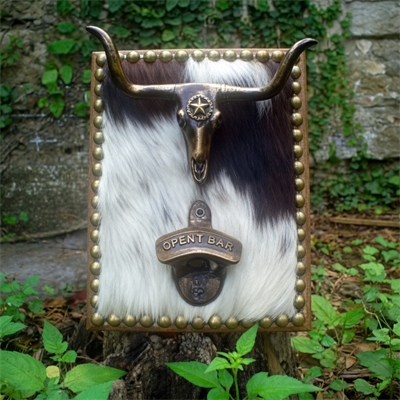 Western Cowhide Bottle Opener with Longhorn Hooks